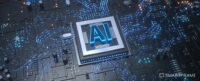 CGI showing computer chip with the letters 'AI' on it glowing in blue. Used to illustrate the article: Photography and AI: The fascinating ways in which the biggest imaging brands are using artificial intelligence. SmartFrame Blog
