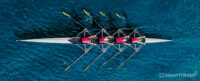 Bird's eye view of a sports rowing boat travelling through the water. Used to illustrate the article: Whose image is it anyway? The importance of permanent attribution, by SmartFrame Technologies